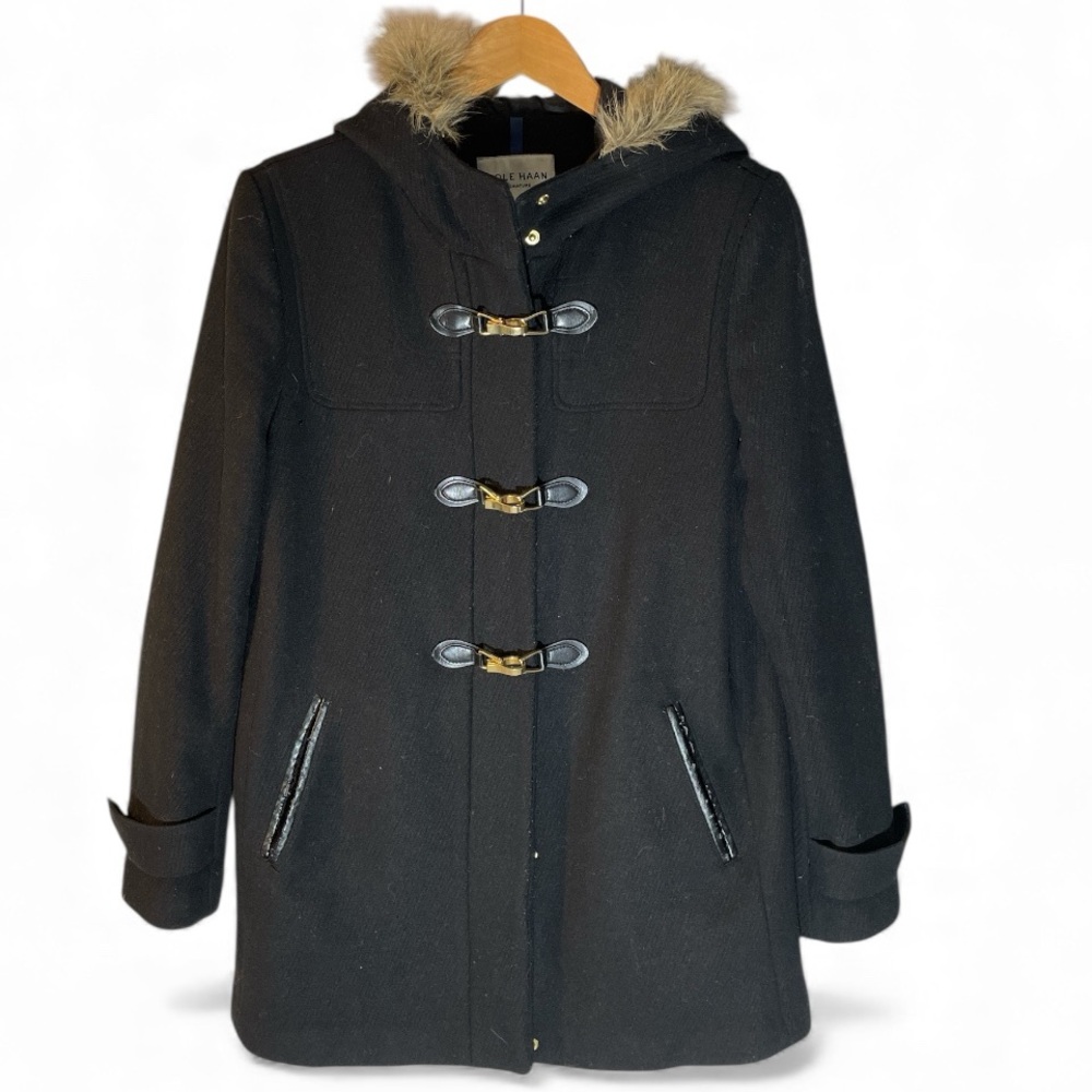 H1- Cole Haan Women’s 10 Wool Black Pea Coat with Faux Fur Hood delete